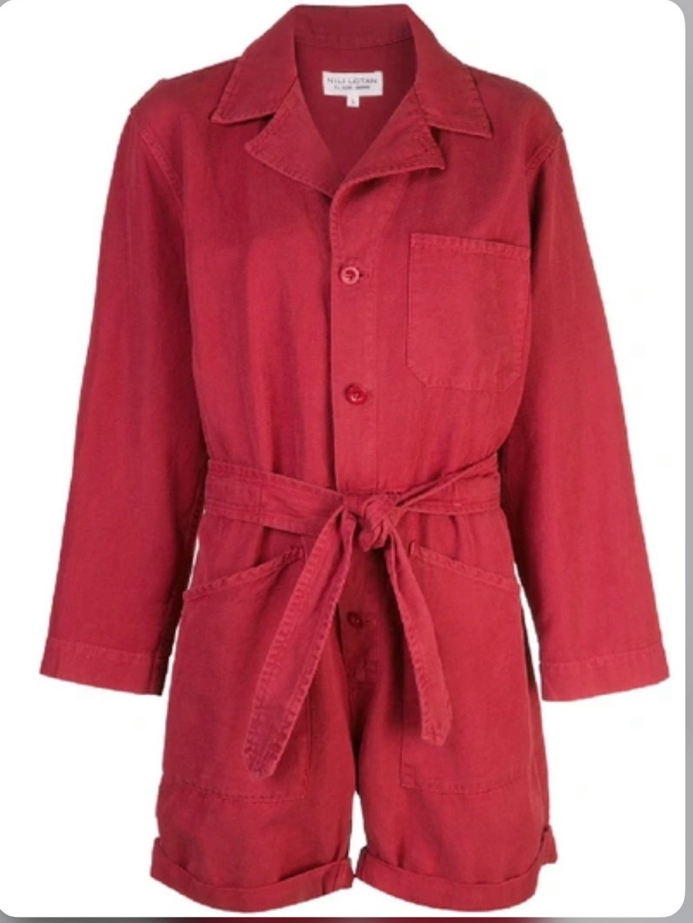 Nili Lotan Red Cotton Linen Belted Utility Romper Jumpsuit XS Ariana romper